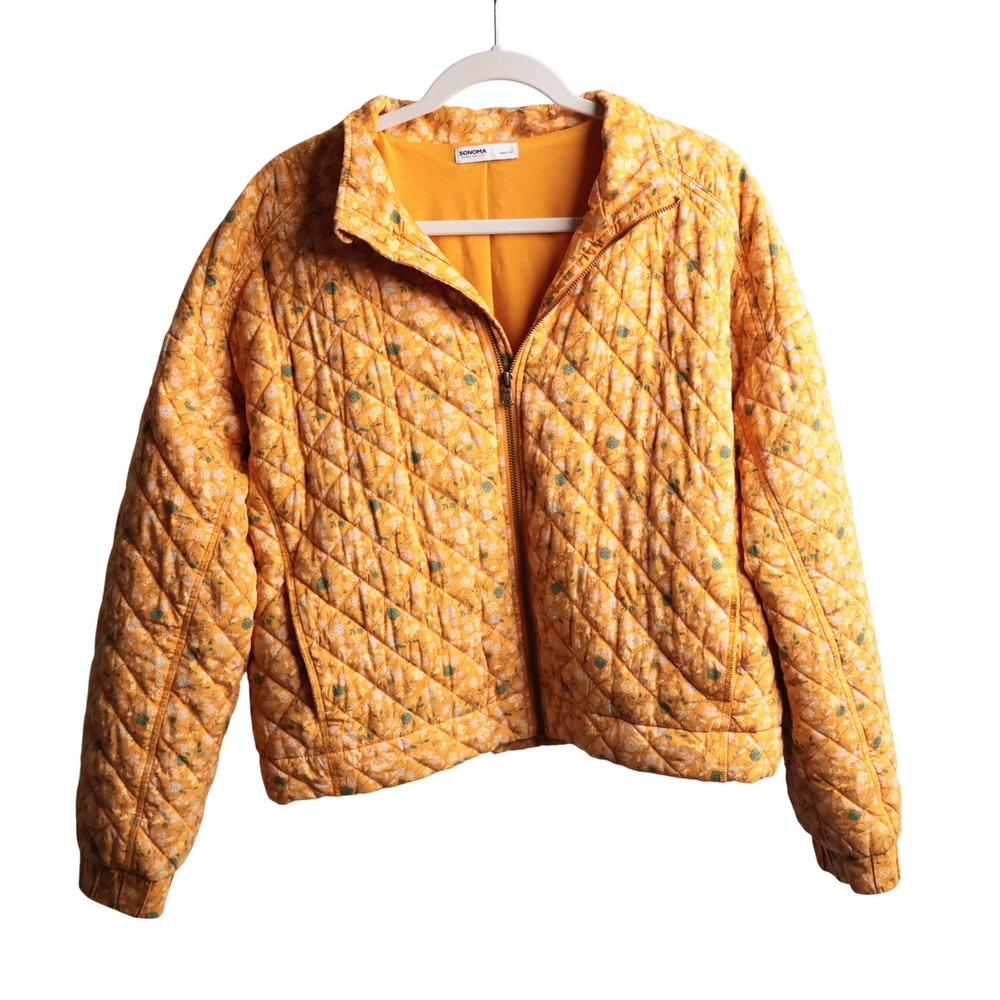 Womens Mustard Yellow Marigold Quilted Ditsy Floral Jacket Cottage Boho Spring L